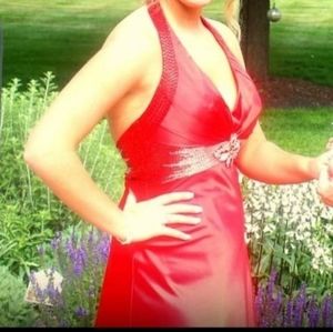 Red Beaded Halter Prom Dress